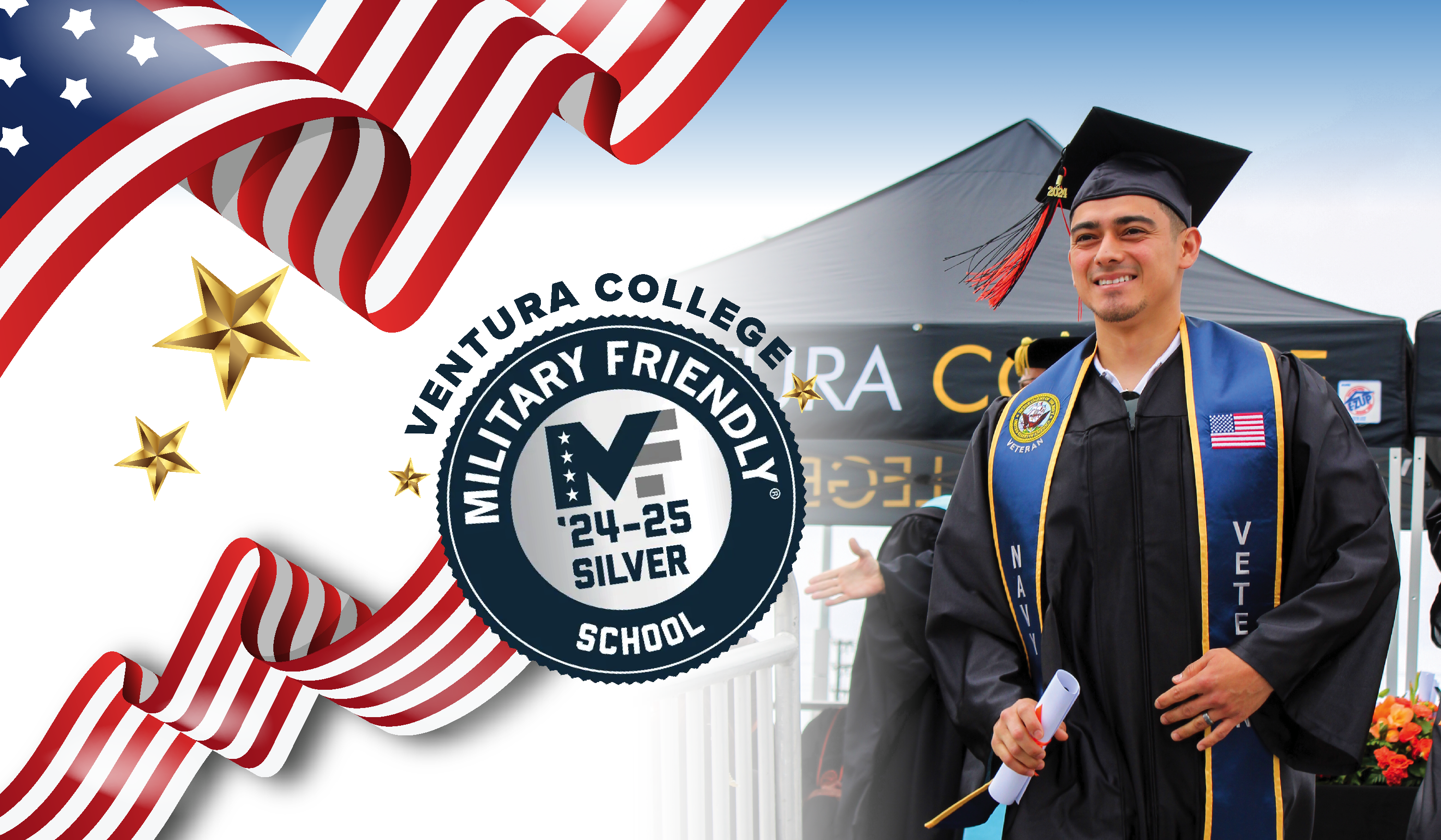 Ventura College military friendly school with image of graduating veteran