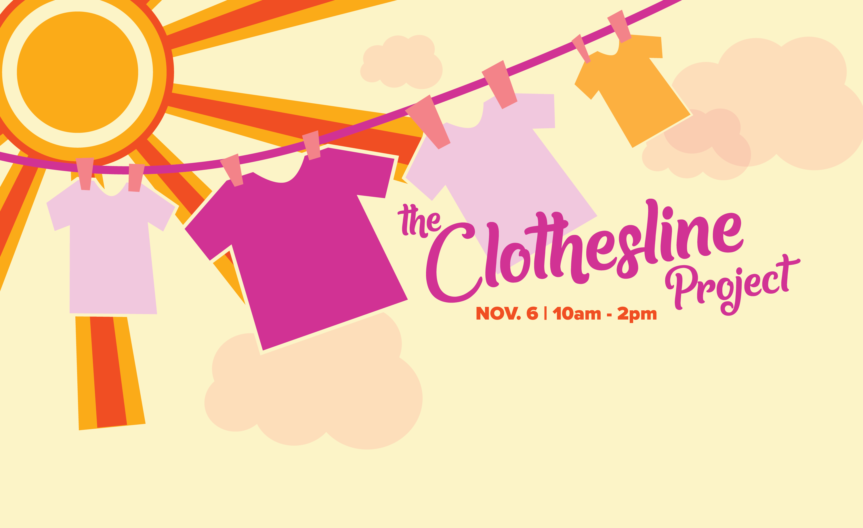 the clothesline project november 6 from 10am til 2pm with graphic of clothesline sun and clouds