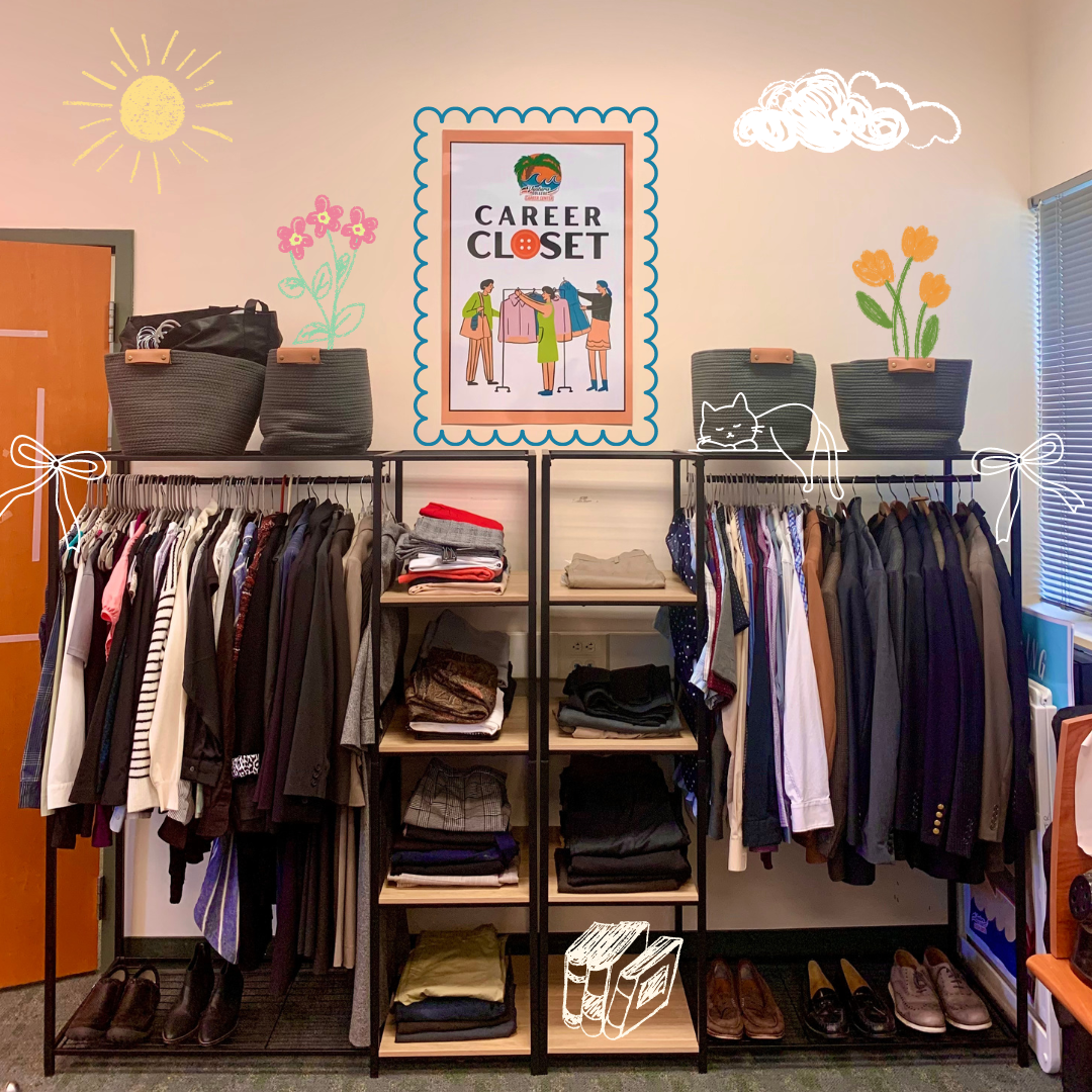 Picture of the Career Center's "career closet", a rack displaying the donated professional and work setting clothing, with doodles of flowers and a cat overlayed.