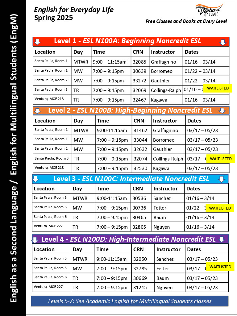 Spring ESL Schedule Image 1