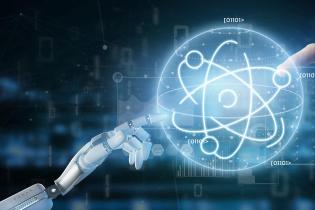 robotic hand and human hand pointing at an atom