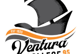 Logo of a black cartoon ship with an orange flag, abstracted waves below it, and black and orange text reading "Ventura College Career Center, 95 Years"