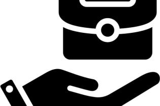 Cartoon of a hand icon offering up a briefcase icon