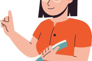 SImple cartoon of female teacher holding a notebook