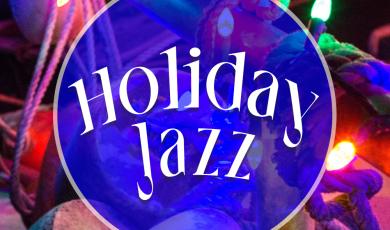 Ventura College logo, Holiday Jazz, Friday, Dec 8, 7:30 p.m., presented by VC Jazz band.(Image and graphics of holiday lights)