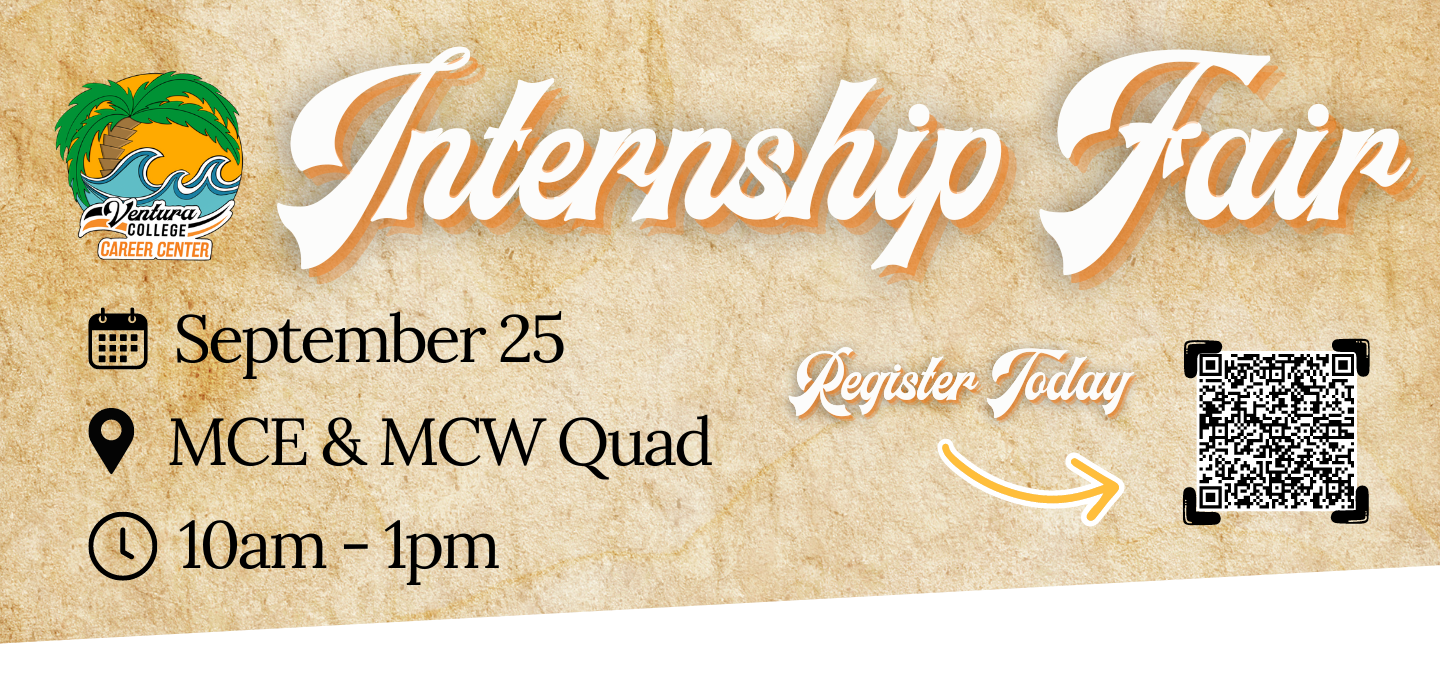 Internship fair banner, displaying the date, september 25, the location, the MCE and MCW quad, and the time, 10 am to 1 pm as well as a QR code to register