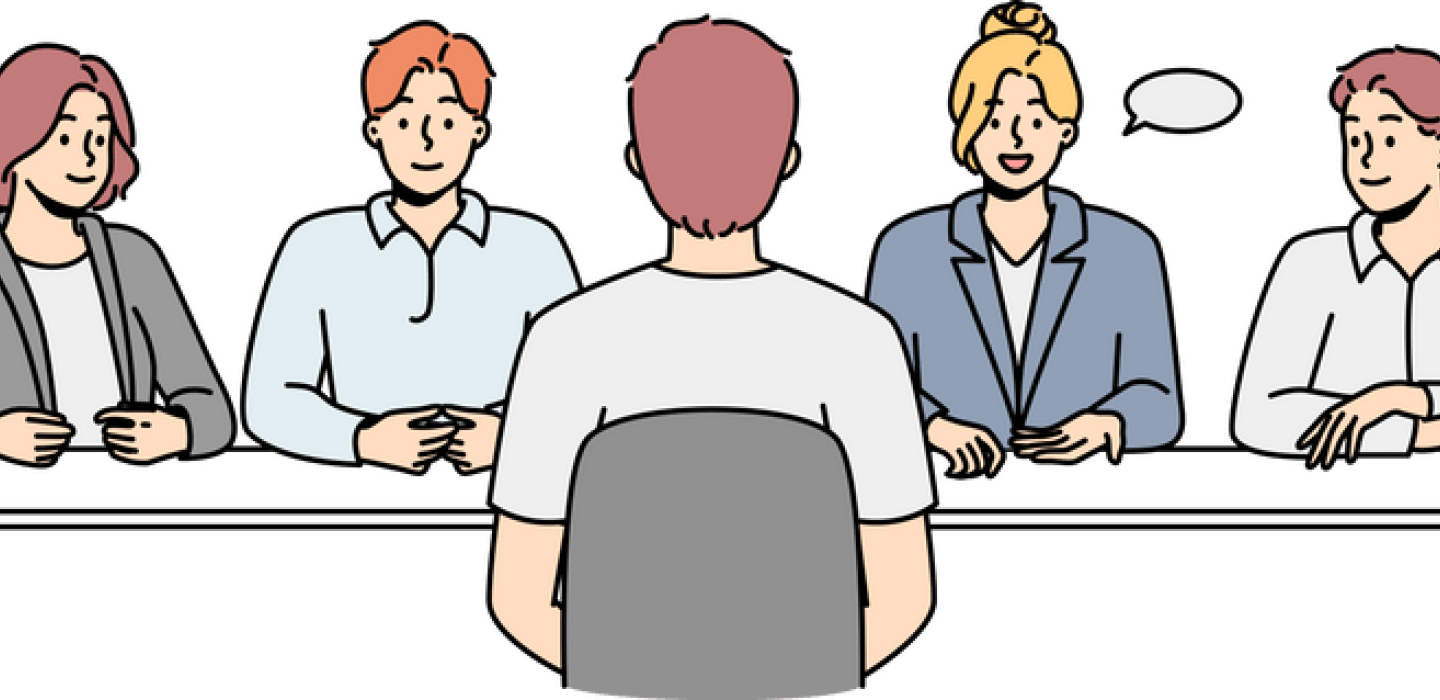 Man talking to four interviewers, simple corporate graphic style cartoon